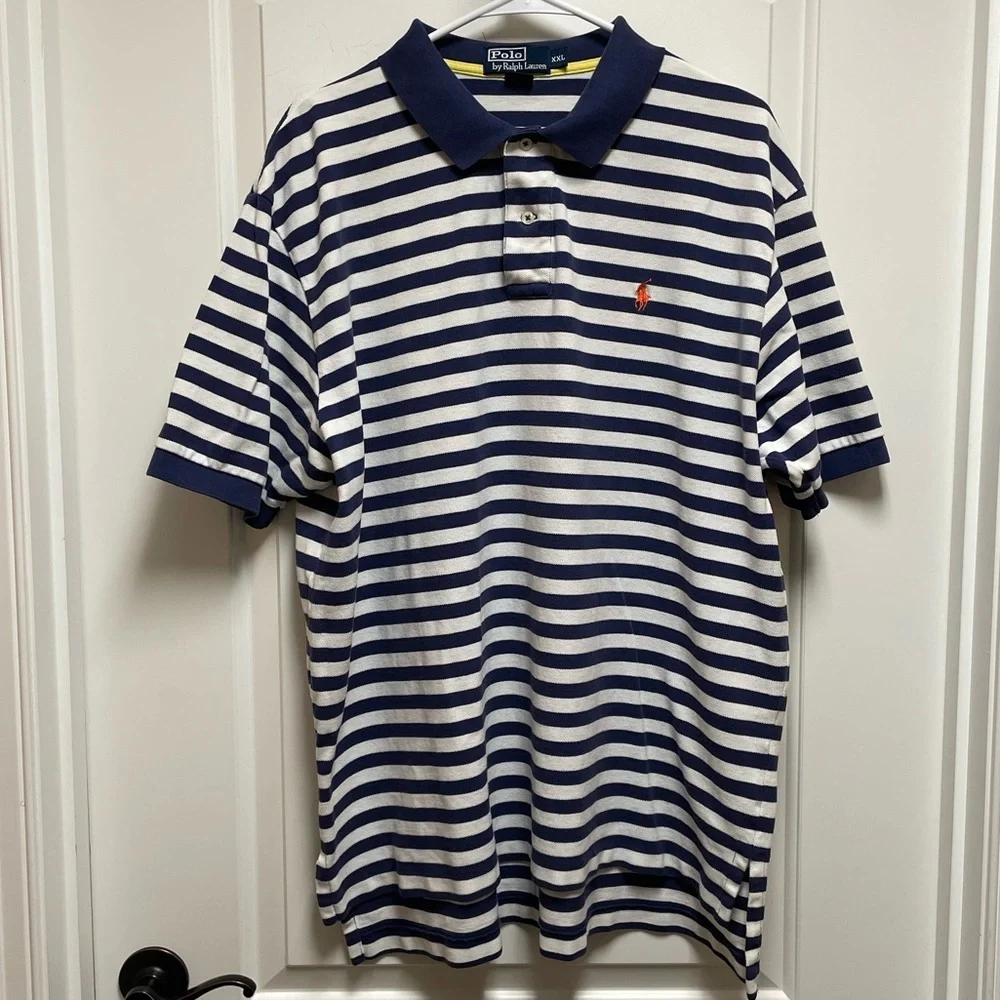 Ralph Lauren Polo Sz XXL Classic Navy & White Striped Polo Shirt Preppy Golf Y2K